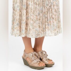 Fly London YIfa Luna Lace Up Wedge Sandals Rose Gold Pearl